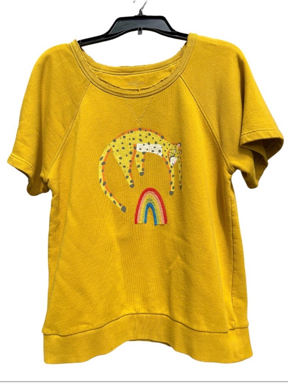 Anthropologie Jarmel by Jarmel Boho Leopard Rainbow Sweatshirt Tee Mustard Large